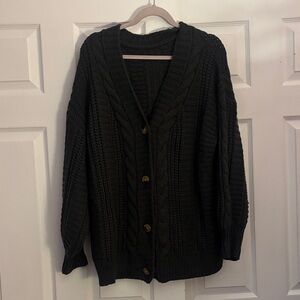 Black Cable Knit V-Neck Button Cardigan Sweater